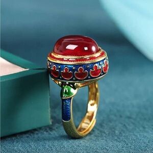 Ethnic Vintage Red Cabochon Enamel  Ring |Artisan Ethnic Luxe
